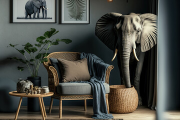 A stylish living area with a rattan armchair, a wooden stool, an elephant figurine, and other modern home furnishings. Copy space Template. Generative AI