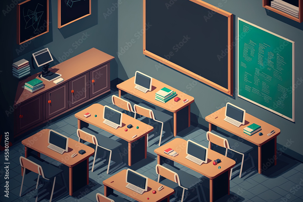 Poster a classroom with desks and seats inside, and a blackboard in the front. digital drawing on a compute