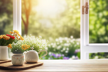 Wood table top against a morning garden of flowers and blurred window. Key visual layout for montage product display or design. Generative AI