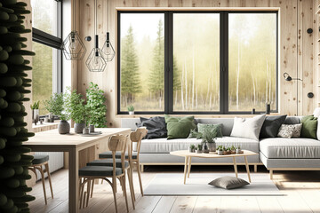 Scandinavian minimalism in interior design. Bright living, dining, and kitchen areas in a studio. Greenery, a huge modular sofa, and panoramic windows are all present. Generative AI