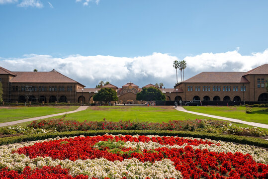 Beautiful flowers growing in front of Stanford University building with cloudy sky in the background during sunny day at Palo Alto in California
