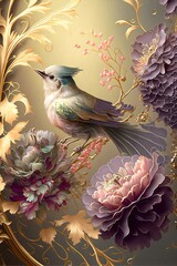 Lavish Glowing Birds in Gardens of Fantasy Flowers, Machine Learning Generated AI Wallpaper with Songbirds and Gilded Flowers