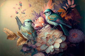 Lavish Glowing Birds in Gardens of Fantasy Flowers, Machine Learning Generated AI Wallpaper with Songbirds and Gilded Flowers
