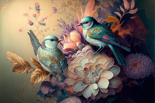 Lavish Glowing Birds in Gardens of Fantasy Flowers, Machine Learning Generated AI Wallpaper with Songbirds and Gilded Flowers