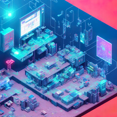 Isometric cyberpunk environment design concept