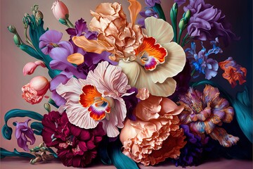 Bouquet of Valentine's Day Flowers, AI Generated Image of Irises, Peonies Roses, Snapdragons and Orchids