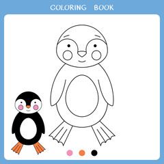 Simple educational game for kids. Vector illustration of cute penquin for coloring book