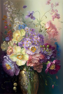 Romantic Bouquet of Luminous Irises, Peonies, Roses, and Snapdragons; Machine Learning Generated AI Painting of A Still Life of Flowers