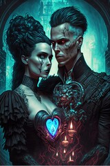 Powerful Gothic Couple in Love, Machine Learning Generated AI Image of A Gorgeous Emo Goth Couple, Scary Valentines
