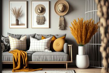 Gray sofa, honey yellow pillows, plaid, mock up paintings, rattan basket, and modern boho accessories decorate the living room of this lovely apartment. Elegant interior design. Template. Generative