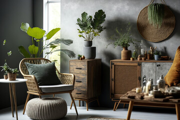 The attractive personal items, rattan sideboard, brown armchair, and sophisticated ethnic composition in the living room décor. gray concrete wall cozy residence interior design. Generative AI