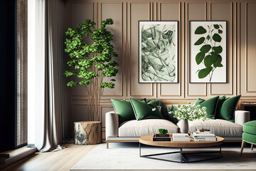 A luxurious living room's interior design features a sophisticated beige sofa, a wood coffee table, and chic wooden rattan furnishings. walls with green panels. modern interior design. the panorama