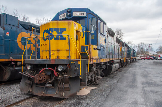 CSX EMD GP38-2 Diesel Locomotive # 2809 at Massena CSX train station in town of Massena, New York State NY, USA.