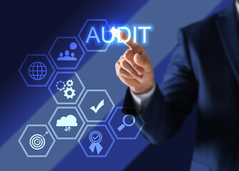 Audit concept. Closeup view of man and different icons on virtual screen