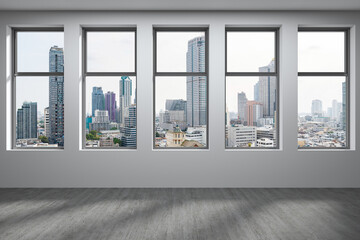 Fototapeta premium Empty room Interior Skyscrapers View Bangkok. Downtown City Skyline Buildings from High Rise Window. Beautiful Expensive Real Estate overlooking. Day time. 3d rendering.