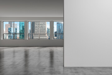 Downtown Chicago City Skyline Buildings Window background. Copy space white wall. Empty room Interior Skyscrapers View. Mockup concept. Day time. 3d rendering.