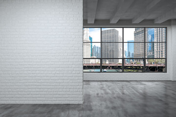 Fototapeta premium Downtown Chicago City Skyline Buildings Window background. Mockup empty copy space wall. Office room Interior Skyscrapers, River walk, bridge, waterfront view. Cityscape. Day. Ad concept. 3d rendering