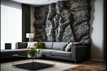 a natural mountain rock wall in a contemporary living room,. Generative AI