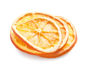 Delicious dry orange slices on white background