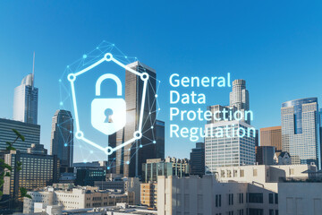 Panorama cityscape of Los Angeles downtown at summer day time, California, USA. Skyscrapers of LA city. GDPR hologram, concept of data protection regulation and privacy for all individuals in EU Area