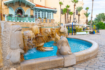 The fountain of zodiac signs on Kedumim Square in the ancient and historic Old Jaffa area of Jaffa,...