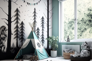 mock up wall in a kid's room. interiors with a Scandinavian flair. Generative AI