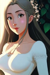 Beautiful anime woman in white dress digital illustration