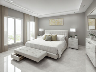 Beautiful multi-colored bedroom, interior decor, AI