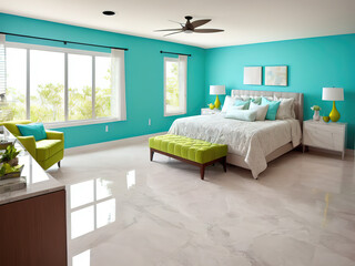 Beautiful multi-colored bedroom, interior decor, AI