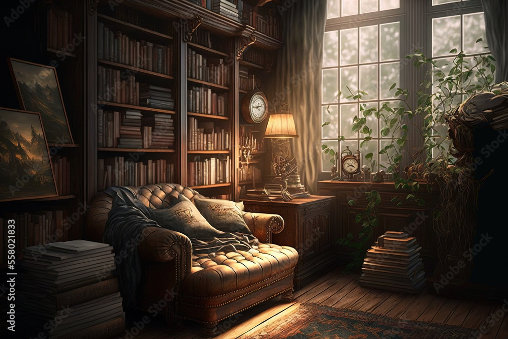 Poster a comfy reading space and a collection of various books are displayed in this cozy home library. gen