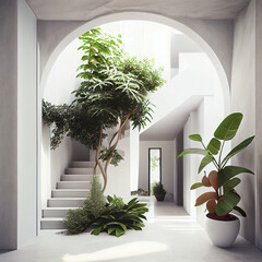 Architectural rendering of a modern bright upscale home with plants.