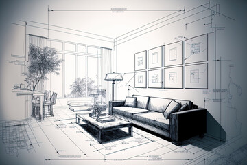 A modern living room is shown in a blueprint sketch on the interior design concept site template. Construction . Generative AI