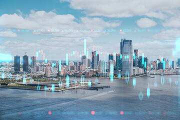 Aerial panoramic helicopter city view of New Jersey City financial Downtown skyscrapers. Forex graph hologram. The concept of internet trading, brokerage and fundamental analysis