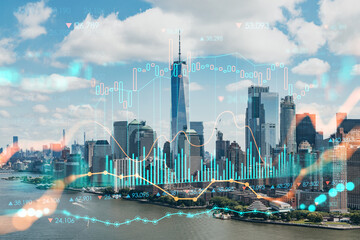 Obraz premium Aerial panoramic helicopter city view of Lower Manhattan and Downtown financial district, New York, USA. Forex graph hologram. The concept of internet trading, brokerage and fundamental analysis