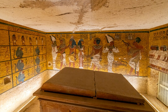 Interior view of the inner chamber and ancient sarcophagus tomb of Pharoah King Tutankhamun, tomb KV62 in the Valley of the Kings, Luxor Egypt on November 27 2022.	