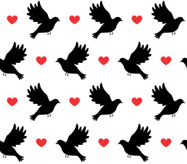 Vector seamless pattern of flat hand drawn pair of love doves silhouette isolated on white background