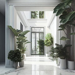 Beautiful foyer with natural light and plants, entrance to a luxurious home. 