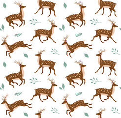 Vector seamless pattern of flat hand drawn deer and leaves isolated on white background