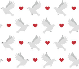 Vector seamless pattern of flat hand drawn pair of love doves isolated on white background