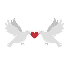 Vector flat hand drawn pair of love doves isolated on white background