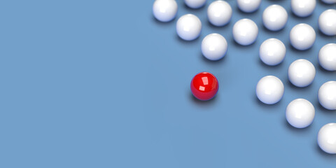 Leadership diverse red leader ball leading white follower group. Minimalist blue background. Clipping path for easy edit. Creative banner design in 3D render, copy space. Thinking outside the box. 