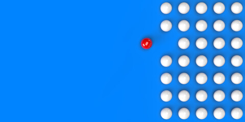 Leadership diverse red leader ball leading white follower group. Minimalist blue background. Clipping path for easy edit. Creative banner design in 3D render, copy space. Thinking outside the box. 