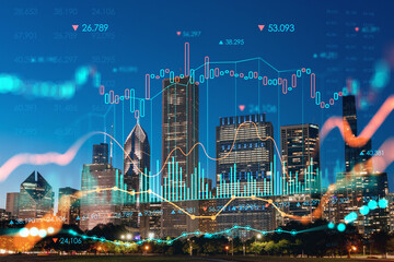 Chicago skyline from Butler Field to financial district skyscrapers, night time, Illinois, USA. Park, gardens. Forex graph hologram. The concept of internet trading, brokerage and fundamental analysis