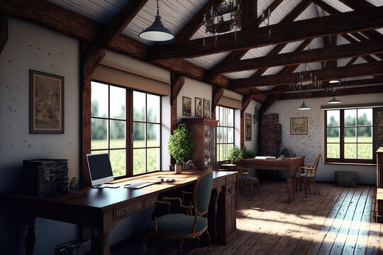 Country style coworking office interior unfinished project. Generative AI
