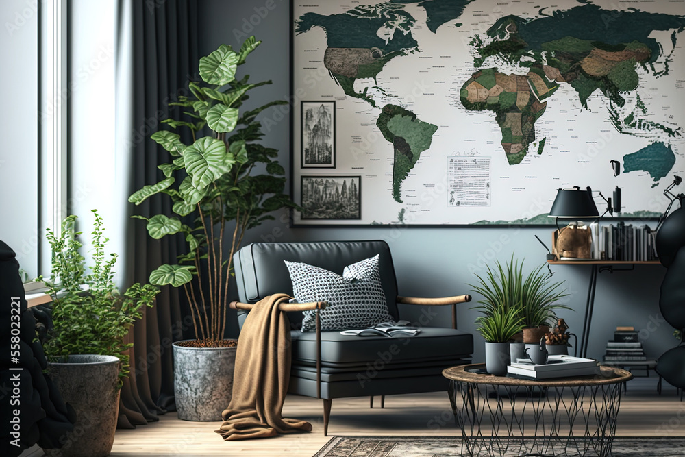 Wall mural Interior of contemporary retro home featuring mock up poster map, carpet, plants, grey recliner, coffee table, and personal items. Stylish living room furnishings. Generative AI