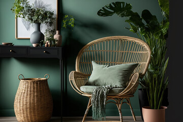 An attractive rattan armchair, a black coffee table, tropical plants in a basket, beige macrame on the wall, and minimalistic style define this living area. Wall color is eucalyptus. Generative AI