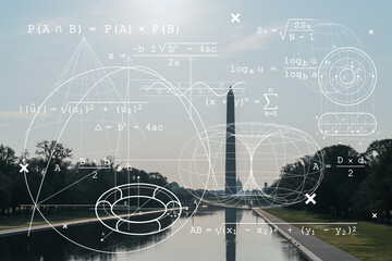 Washington Monument and the Capitol Building, Washington DC, USA. Seen from reflecting pool. Technologies and education concept. Academic research, top ranking university, hologram