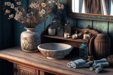 Bohemian bathroom with wooden washbasin and close up of wooden table, desk, or shelf with ceramic vases filled with cotton flowers,. Generative AI