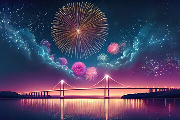 fireworks in the night,fireworks on the sea,bridge in the night