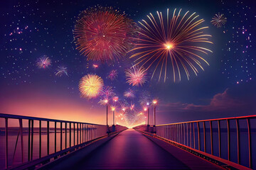 fireworks in the night,fireworks on the sea,bridge in the night